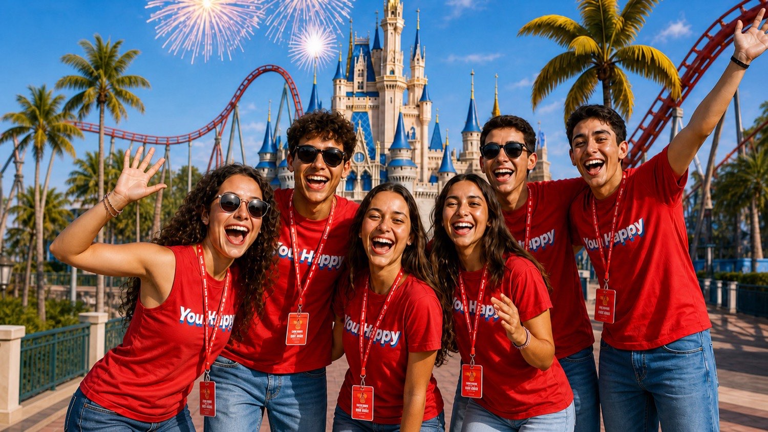 Grupo de adolescentes da Papagaios Teen de camiseta vermelha comemorando em frente ao castelo, em Orlando